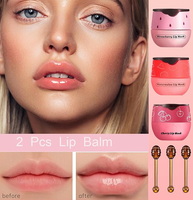 3PCS Bee Lip Balm Honey Pot, Exfoliating Strawberry Cherry Watermelon Bee Lip Balm Sleeping Lip Mask Overnight with Sticks, Honey Pot Lip Balm Prevention Dry Hydrating and Crack Lip Scrubs