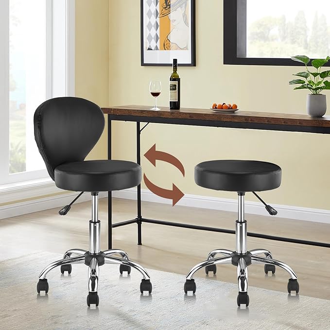 Leather Rolling Swivel Salon Stool Chair with Back Support Adjustable Hydraulic Seat Height 22 in for Office Massage Facial Spa Medical Drafting Tattoo Beauty Barber