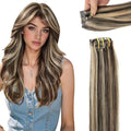 Moresoo Genius Clip in Hair Extensions Seamless Dark Brown Caramel Blond Long Thick Hair Extensions Clip ins Real Human Hair Brown with Blonde Highlights Straight Pu Skin Heat-Stylable 130g/7pcs 20in