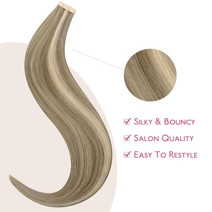 WENNALIFE Tape in Hair Extensions Human Hair Ash Brown with Platinum Blonde Highlights Tape in Extensions, 10pcs 20g 10 inch Remy Invisible Tape Ins Colored Soft Refill Set
