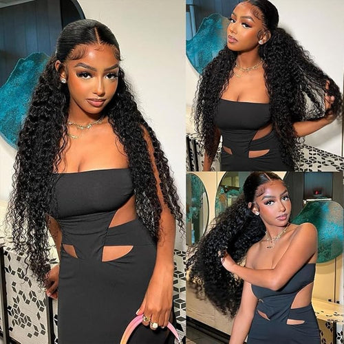 34 Inch Deep Wave Lace Front Wigs Human Hair 250% Density 13x6 HD Transparent Lace Frontal Wigs Human Hair Curly Wigs for Women Pre Plucked with Baby Hair Natural Color
