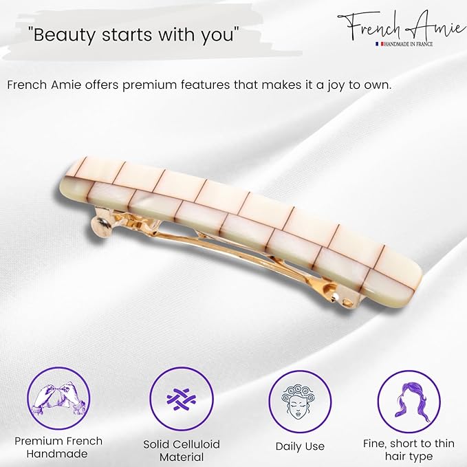 French Amie Small 2 1/4 inch Celluloid Handmade Hair Barrette No Slip Grip Durable Styling Women Hair Accessories Hair Clip for Girls, Made in France(Ivory Brick)
