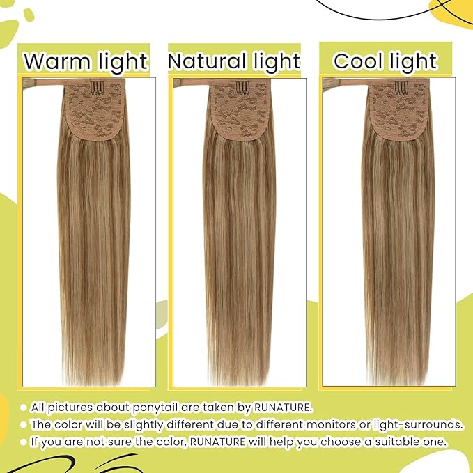 RUNATURE Ponytail Extension Human Hair, Real Hair Ponytail Extension for Women, Magic Paste Straight Human Hair Ponytail, 18 Inch 80g #10P16 Dark Blonde Highlight Caramel Blonde