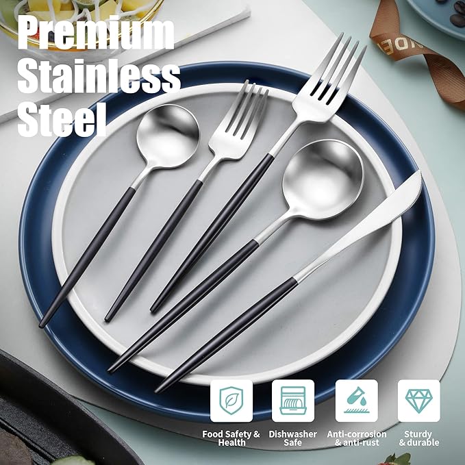 Matte Black Silver Silverware Set for 6,Modern Stainless Steel Brushed Cutlery Set,30-Pieces Heavy Duty Flatware Set,Knives Spoons and Forks Set Utensils Set, Satin Finish, Dishwasher Safe