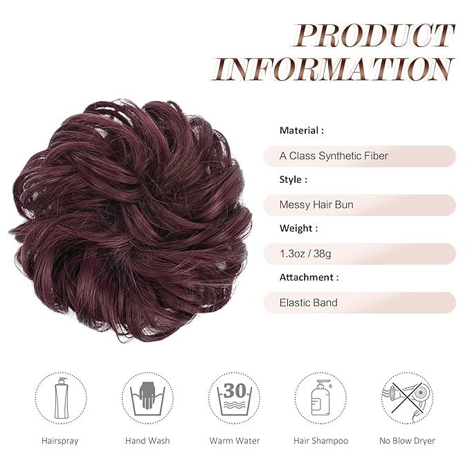 FESHFEN Messy Bun Hair Piece - Elastic Wavy Curly Hair Bun Scrunchies Extensions Synthetic Chignon Hairpieces for Women Girls, Wine Red 1.5 oz