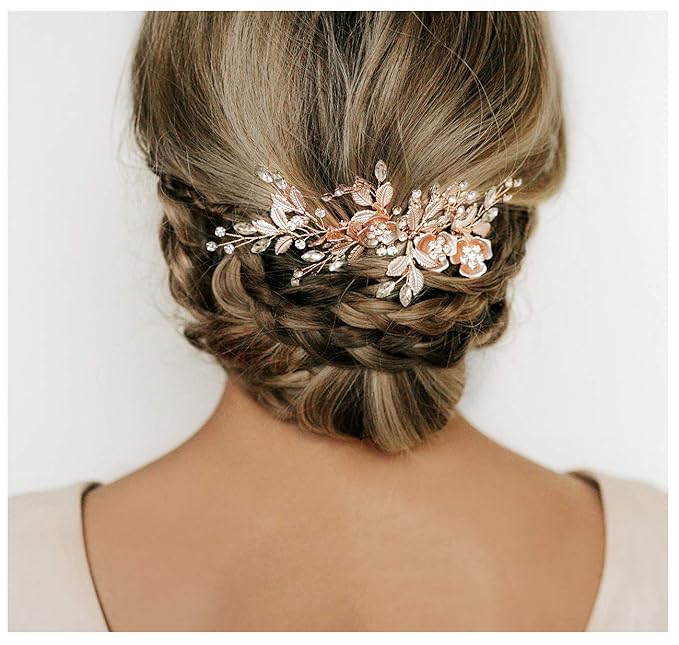 SWEETV Metal Hair Comb, Rhinestone Bridal Hair Clip - Handmade Wedding Hair Accessories for Brides and Bridesmaid, Rose Gold