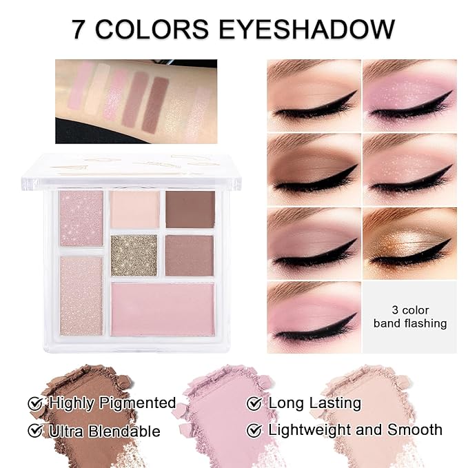 Makeup Kit for Teens Girls, Makeup Present Set for Women, Makeup Full Kit for Beginners, Mini Makeup Bundle Include 7 Pink colors Matte & Shimmer Pigmented Eyeshadow Palette, Eyebrow Powder