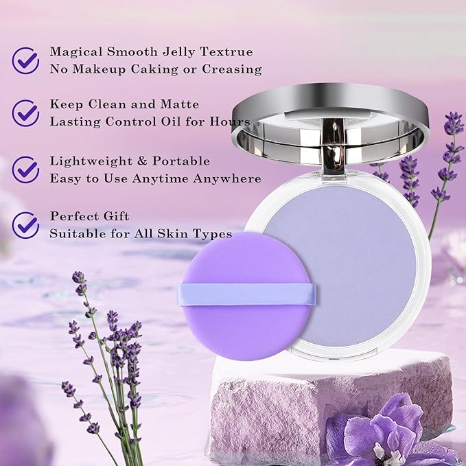 Chillab Lavender Matte Powder, Oil Control Face Pressed Chillab Lavender Matte Powder with Mini Powder Puff, Jelly Pressed Setting Powder Face Makeup, Cruelty Free