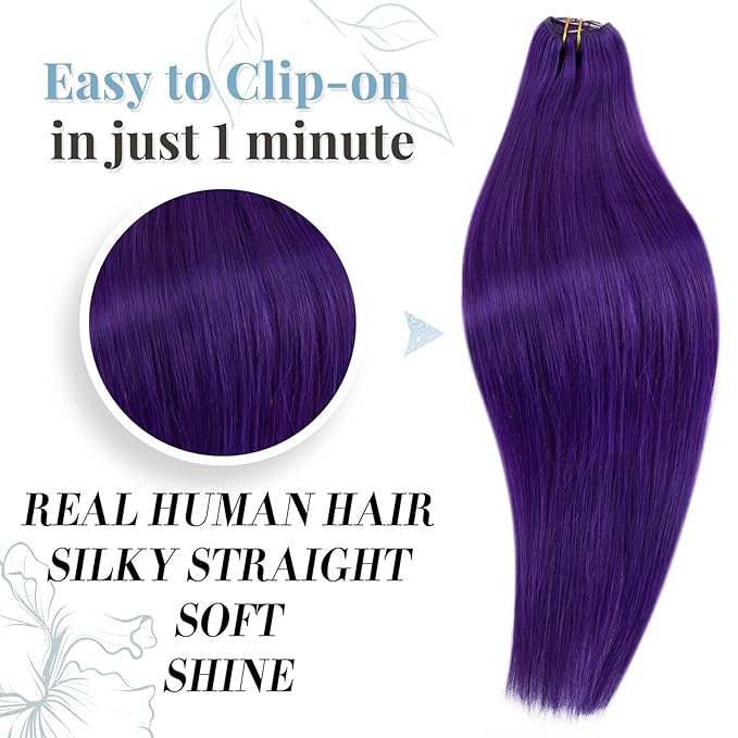 RUNATURE Clip in Hair Extensions Purple Clip in Human Hair Full Head Purple Hair Extensions Real Human Hair Clip Ins Party Highlight Colored Hair Extension 14 Inch 70g/5pcs