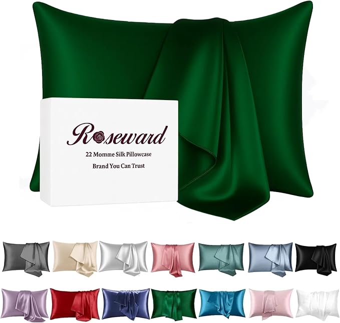 Oeko-TEX Certified Mulberry Silk Pillow Cases Green for Christmas Made in USA, 100% Silk Pillowcase with Zipper, 6A Grade 22 Momme Pure Silk Gift Set, 1 Pcs 20"x30" (Queen, Emerald)