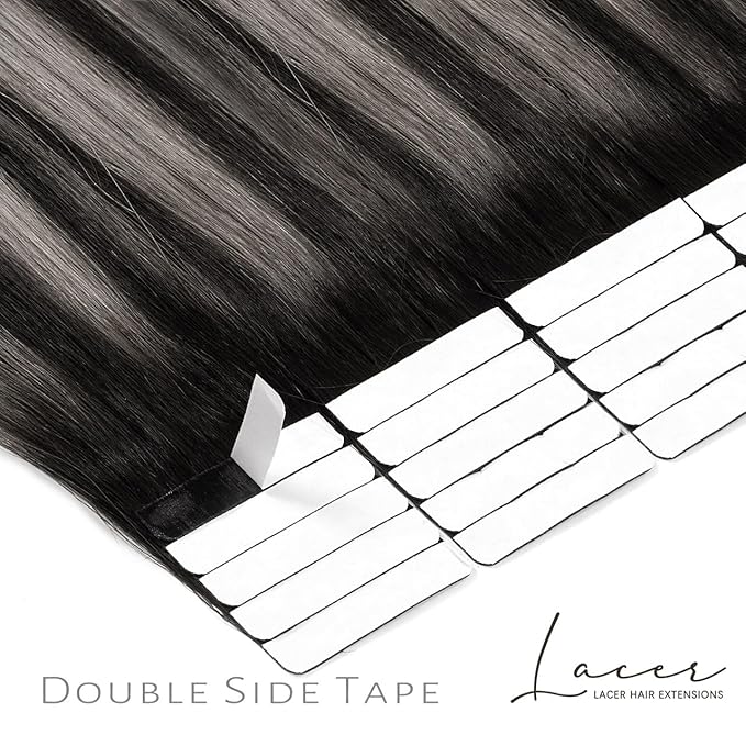 Lacer Grey Tape in Hair Extensions Human Hair Straight Natural Black to Silver Highlights with Natural Black Roots Hair Extensions Tape in 20 Inches 20pcs/50g