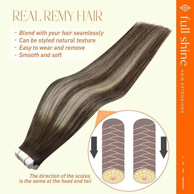 Full Shine Tape in Hair Extensions Human Hair Color 2/60/2 Balayage Brown And Blonde Natural Straight Hair Extensions Tape in 20 Inch Invisible Seamless Skin Weft 50Gram for Women 20Pcs