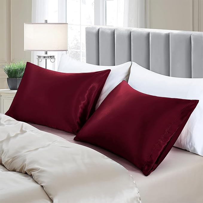 Aormenzy Satin Pillow Cases for Women Queen Size Set of 2, Burgundy Satin Pillowcase for Hair with Envelope Closure Silky Pillow Covers Wrinkle, Fade Resistant (20x30 Inches)