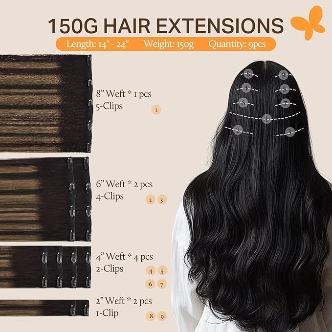 DOORES Hair Extensions Clip in Human Hair, Balayage Natural Black to Chestnut Brown 22 Inch 150g 9pcs, Human Hair Extensions Clip ins Remy Hair Extensions Clip in Human Hair Silky Straight Hair