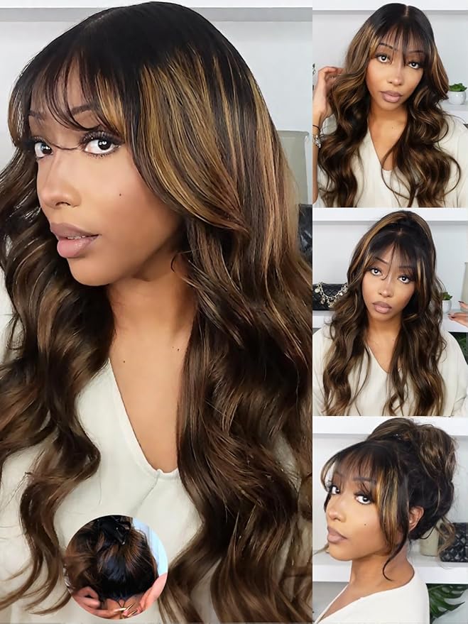 KLAIYI Ombre Brown Loose Body Wave Bye Bye Knots Glueless Precut 7x5 HD Lace Front Human Hair Bang Wig Drawstring Highlight Balayage Brown Pre Plucked Bleached 30S Ready to Wear and Go Wig 180% 20Inch