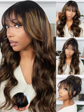 KLAIYI Ombre Brown Loose Body Wave Bye Bye Knots Glueless Precut 7x5 HD Lace Front Human Hair Bang Wig Drawstring Highlight Balayage Brown Pre Plucked Bleached 30S Ready to Wear and Go Wig 180% 20Inch
