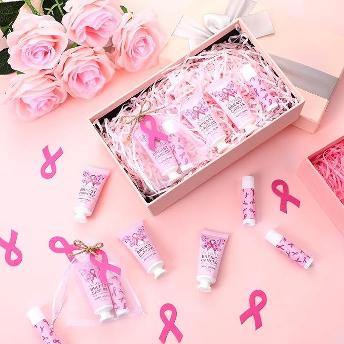 50 Set Breast Cancer Awareness Gifts Bulk Woman Pink Ribbon Lip Balm Hand Cream Include 50 Lip Balm 50 Hand Cream 50 Bag 50 Tag Breast Cancer Awareness Month Items Survivors Offices