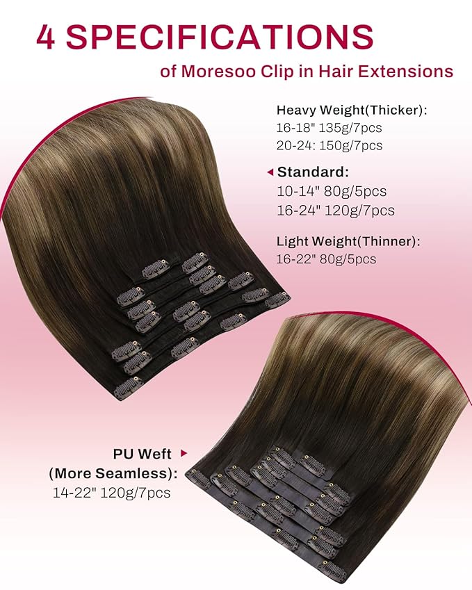 Moresoo Clip in Extensions Real Human Hair Balayage Remy Straight Double Weft Clip in Human Hair Extensions for Fashion Women Party Ombre Dark Brown to Golden Brown with Dark Ash Blonde 7Pcs 120G 16in