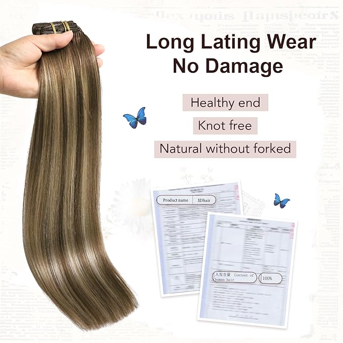 XDhair Human Hair Clip in Extensions 120g 20 Inch Chocolate Brown to Caramel with Chocolate Brown Roots Clip in Hair Extensions Real Human Hair Silky Straight 6pcs #4/27/4