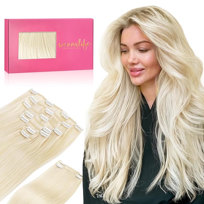 Wennalife Clip in Human Hair Extensions, 22 Inch 150g 9pcs Real Human Hair, Platinum Blonde Remy Hair Clip Ins Double Weft