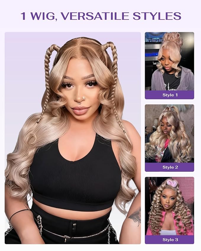 Hidden Strap Milk Tea Ash Blonde Wig Human Hair Body Wave 360 Lace Front Wig Human Hair Ombre Glueless Wigs Pre Bleached Bleached Knots 180% Density Drawstring HD Full Lace Wigs 24Inch