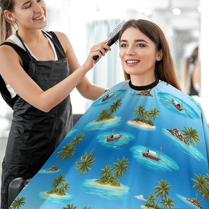 Full Coverage Hair Cutting Cape, Hairdressing Apron Palm Tree Boat Beach Ocean Sea Hawaiian Tropical Hair Cutting Gown for Makeup Artist Beautician