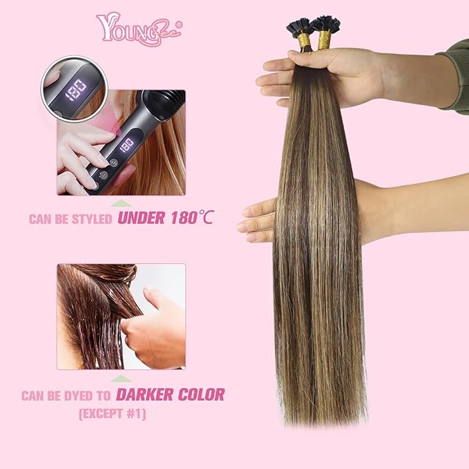 YoungSee Ombre K Tip Hair Extensions Real Human Hair Balayage Brown with Caramel Blonde Natural Hair Extensions Ktips Human Hair for Women 14In 1G/S 50G