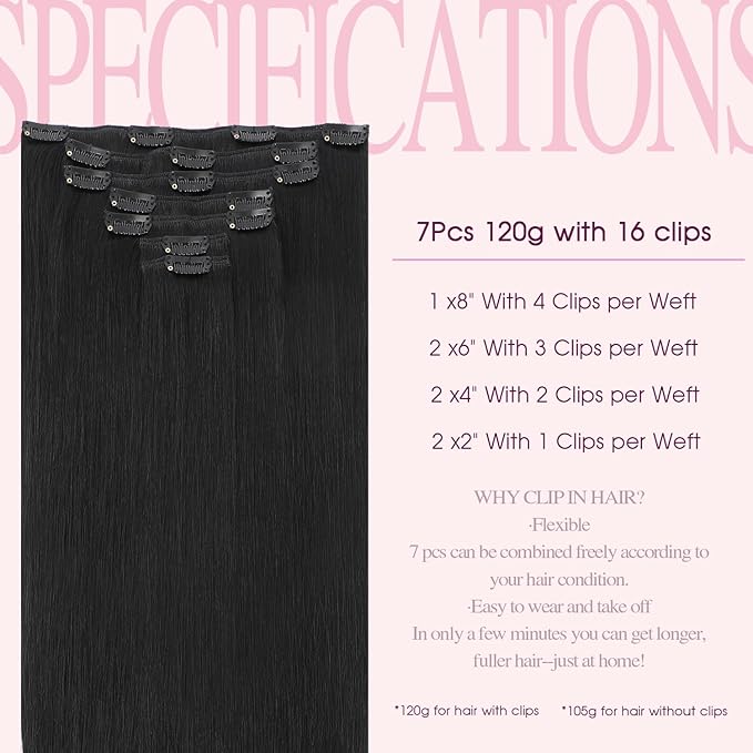 PINKPEARL Clip in Hair Extensions Real Human Hair #1 Jet Black Human Hair Extensions Clip ins 16 inch Extensions Human Hair Clip 120g 7pcs Straight Thick Natural Human Hair(#1-16)