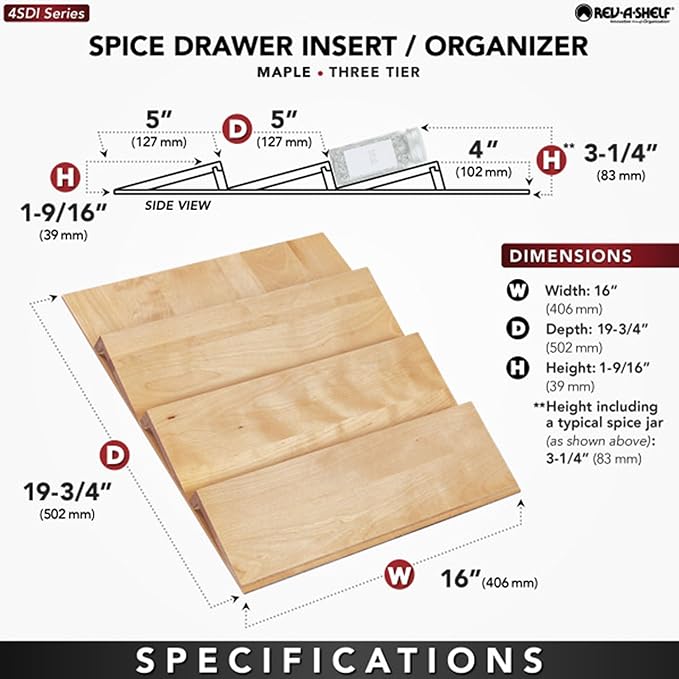 Rev-A-Shelf 16" 3 Tiered Seasoning Organizer, Trim-to-Fit Wooden Kitchen Draw and Cabinet Home Storage Insert, Pull Out Spice Rack, Maple, 4SDI-18