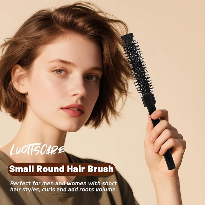 3pcs Small Round Hair Brush for Short Hair - Barrel Hair Brush for Blow Drying, Aluminum Round Brush for Bobs, Bangs, Lobs, Roots, Curling, Pixie Cuts, Straight Hair - Black