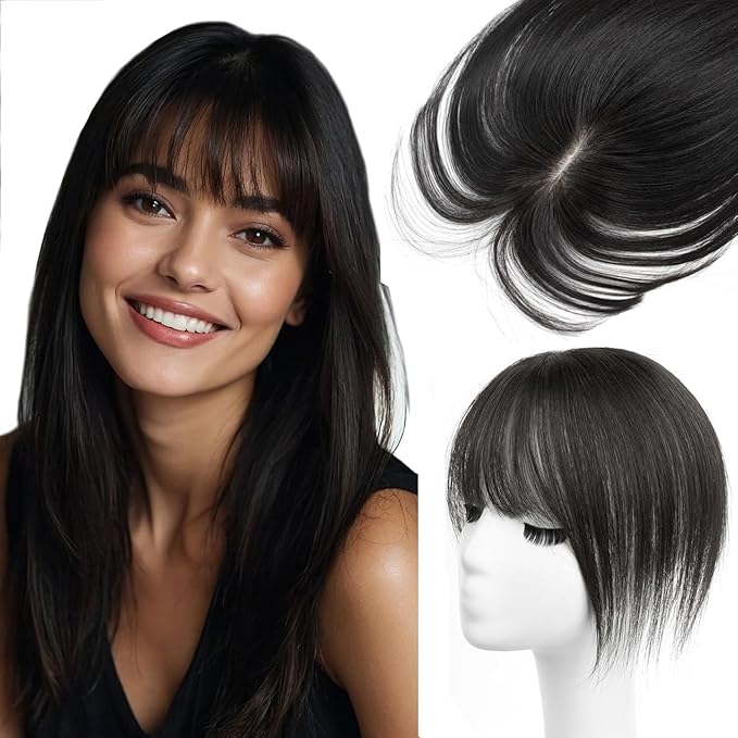10 Inch Real Human Hair Topper with Bangs for Women Covers Thinning Crown, Clip-In Hair Topper for Thinning Hair (Natural Black)