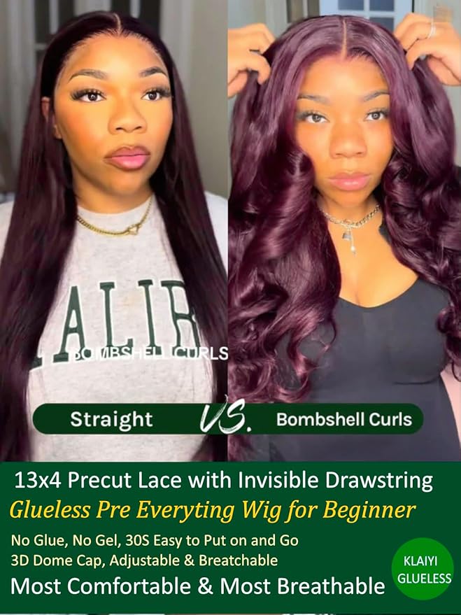 KLAIYI Black Cherry Loose Body Wave Pre Eeverything 13x4 Lace Frontal Wigs Human Hair Bye Bye Knots Glueless Ready to Wear and Go Wig with Face Framing Bangs Drawstring Pre Plucked Burgundy Wig 24Inch
