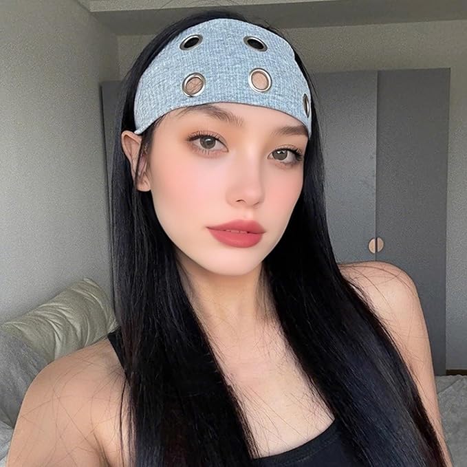 papasgix Grommet Headband for Women, Y2K Elastic Headband Wide Black Hair Band with Holes Metal Rock Style 2000s Hair Accessories (1, Dark Grey)