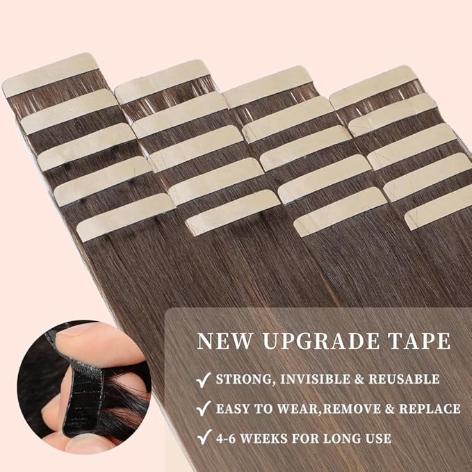 Tape in Hair Extensions Human Hair 20pcs Remy Hair Extensions 18 Inch Balayage Dark Brown Mixed Chestnut Brown Human Hair Tape in Extensions Skin Weft Tape Extensions Human Hair (2/2/6#,18 Inch)