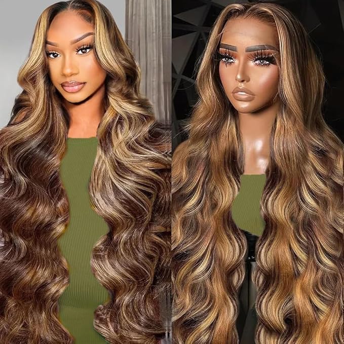 Honey Blonde Lace Front Wig Ombre 13x6 HD Lace Front Wigs Human Hair P4/27 Colored for Women 220 Density Highlight Wig Pre Plucked Body Wave Wig Honey Blonde Lace Front Wig 32Inch