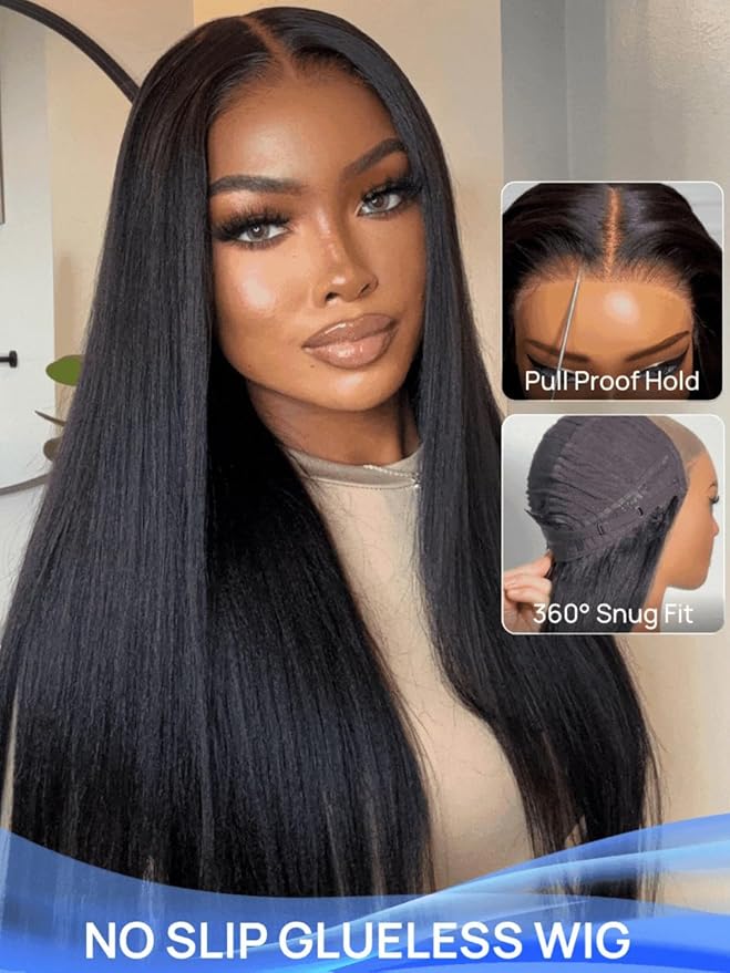 Julia Hair No Slip Yaki Straight 7x5 Lace Closure Glueless Drawstring Wig Flexible Mesh Cap Bye-Bye Slip Pre Cut HD Lace Front Pre Everything Bleached Knots Wear and Go Wig,Zero Slip Hold 24 Inch