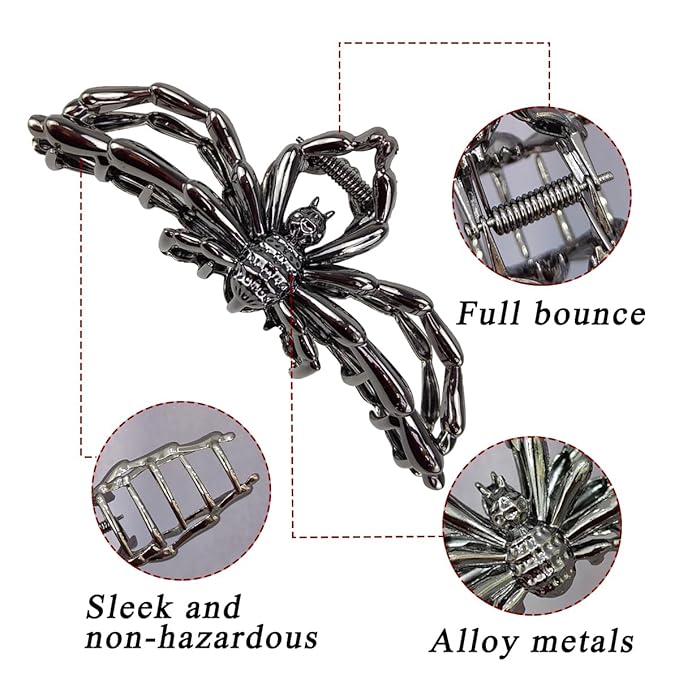 Large Realistic Black Metal Spider Claw Hair Clips - Strong Hold Nonslip Halloween Hair Accessories for Thick and Thin Hair