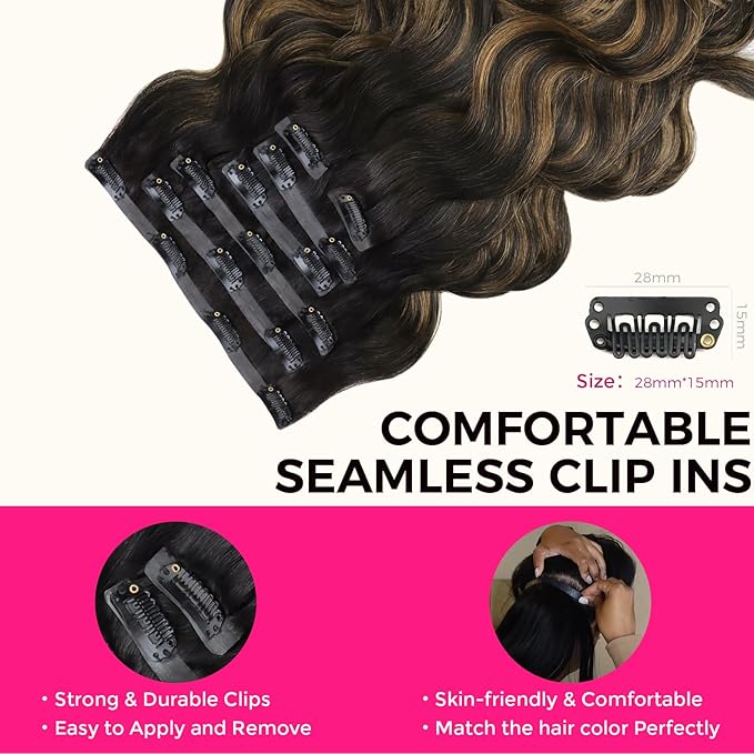 Lashey Seamless Clip in Hair Extensions Human Hair Natural Black Mixed Chestnut Brown Body Wave Clip in Hair Extensions with Invisi Edge 7pcs 110g 20 Inch