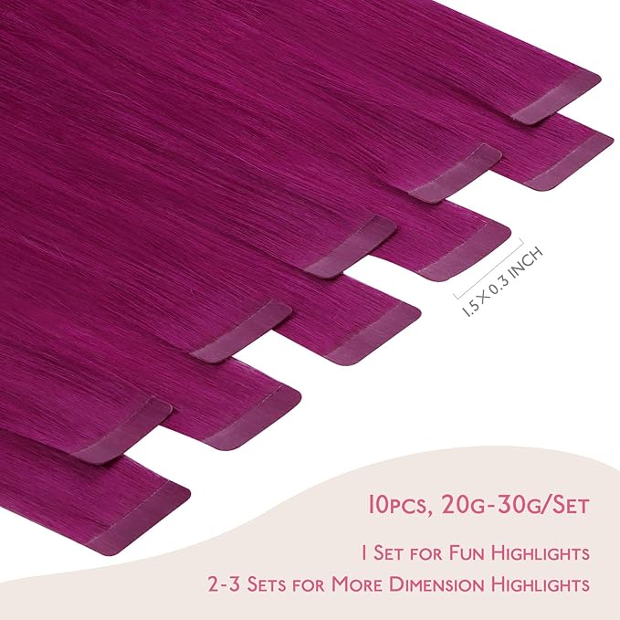 WENNALIFE Tape in Hair Extensions Human Hair Violet Tape in Extensions, 10pcs 20g 10 inch Remy Invisible Tape Ins Straight Colored Soft Real Human Hair Tape in Extensions Refill Set Extensions
