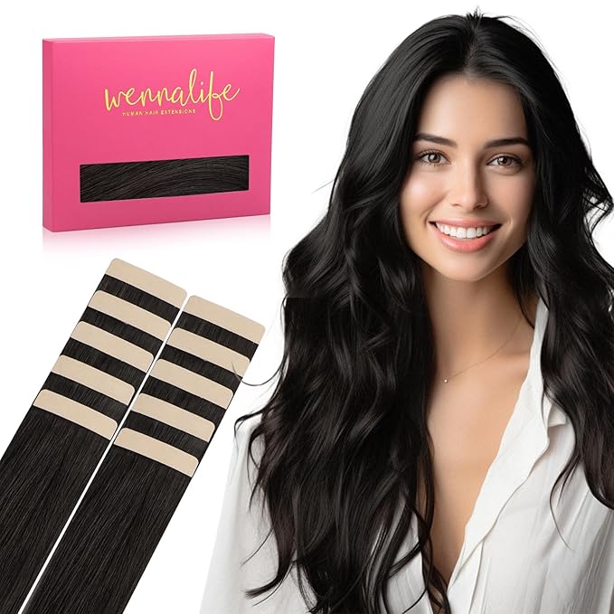 WENNALIFE Tape in Hair Extensions Human Hair Natural Black Tape in Extensions, 10pcs 30g 22 inch Remy Invisible Tape Ins Straight Colored Soft Real Human Hair Tape in Extensions Refill Set Extensions