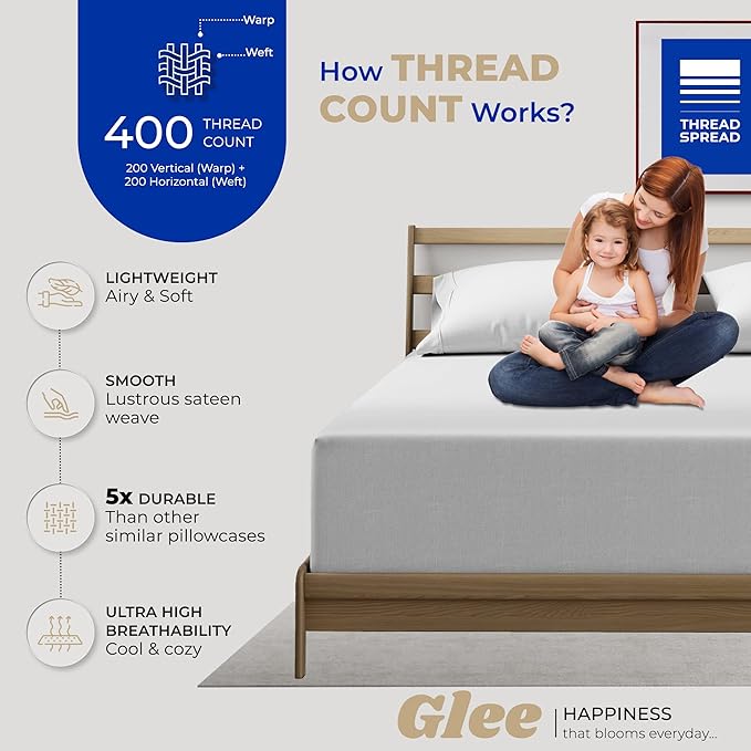 THREAD SPREAD 100% Cotton King Size Pillow Cases Set of 2-400 Thread Count Pillow Cases King Size Set of 2 (Silver), Luxuriously Soft Hotel Quality Sateen Weave Pillowcases, Crisp & Cool