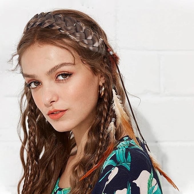 2PC Braided Headband with Tooth – Wide Faux Hair Braid Wig Hairband, Messy Fishbone & Geflochten Haarband Shape – for Women Fashion Accessories for Oktoberfest, Wedding, Parties, Comb Fit(Dark Brown)