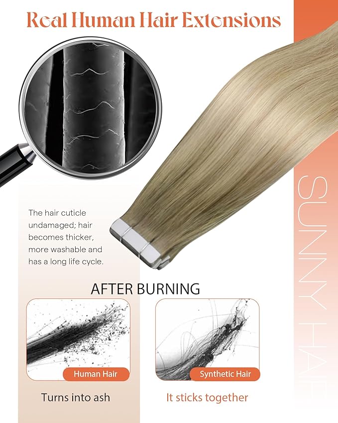 Sunny Hair Tape in Hair Extensions Real Human Hair Invisible Remy Hair Extensions Tape ins for Women Ash Blonde Root to Platinum Blonde Balayage 20 inch 20Pcs 50G
