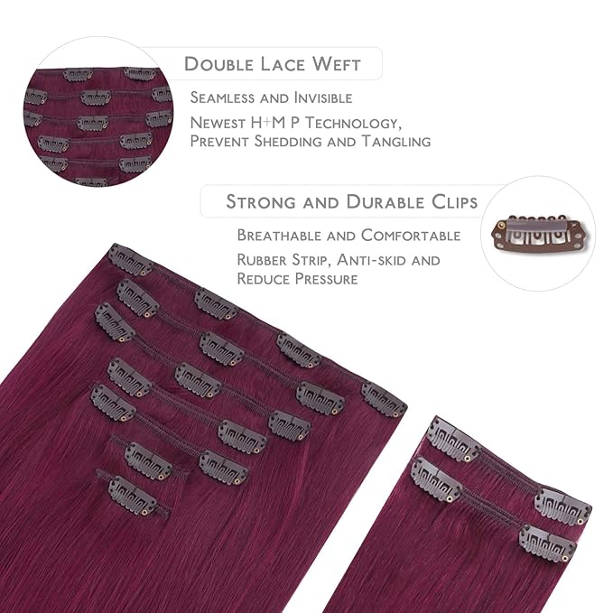 WENNALIFE Clip in Hair Extensions, 150g 16 Inch 9pcs Light Burgundy Remy Hair Thicker Double Weft Extensiones De Cabello Humano Con Clip Ins Straight Full Volume