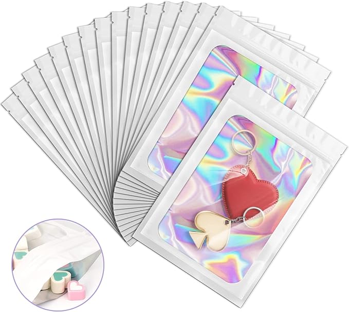 100 Pieces Smell Proof Mylar Bags, Holographic Packaging Bags, Resealable Odor Foil Pouch Zipper Bag with Clear Window for Food Storage and Lipgloss, Jewelry Lash(White, 4 x 6 Inch)