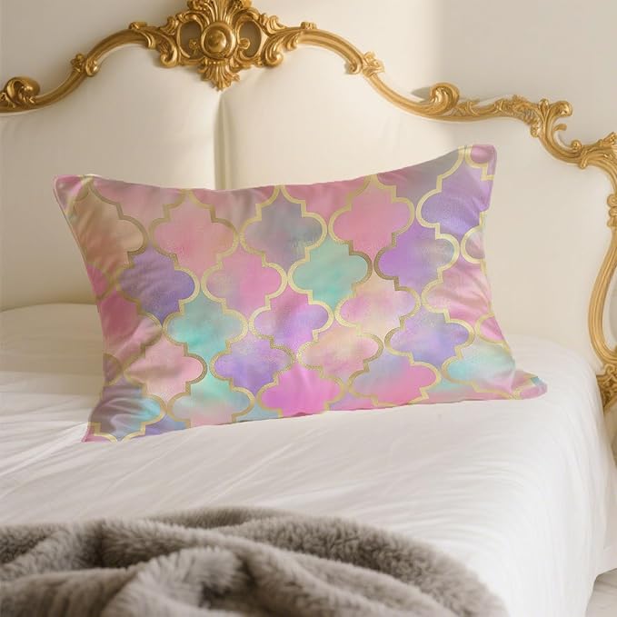 1 Pack Satin Pillowcase for Hair and Skin Vintage Colorful Moroccan Gold Line Imitation Silk Pillowcase with Hidden Zipper Soft Breathable Pillow Cover Standard Size for Bedroom Sofa 20”x26”