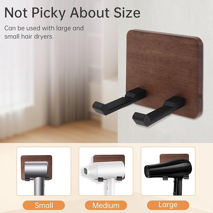 Wall Mounted Hair Dryer Holder, 4.7 * 3.7 Inch Square Shape Walnut Wood Shelf Aluminum Hairdryer Holder,Bathroom Hair Dryer Stand Drill Install (Square Shape Walnut Wood, 1)