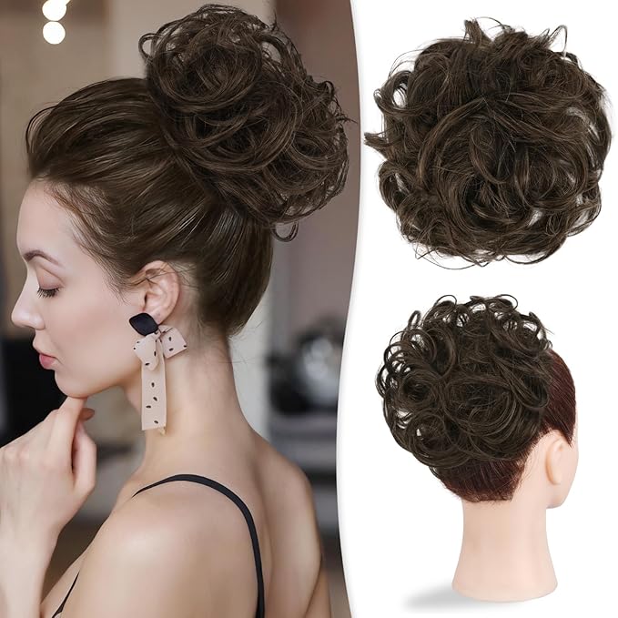 RUWISS Large Messy Bun Hair Piece 100% Human Hair Layered Wavy Curly Hair Buns Hair Piece for Women Thick Updo Hairpiece for Daily Wear Real Hair Scrunchies Dark Brown Ponytail Extension