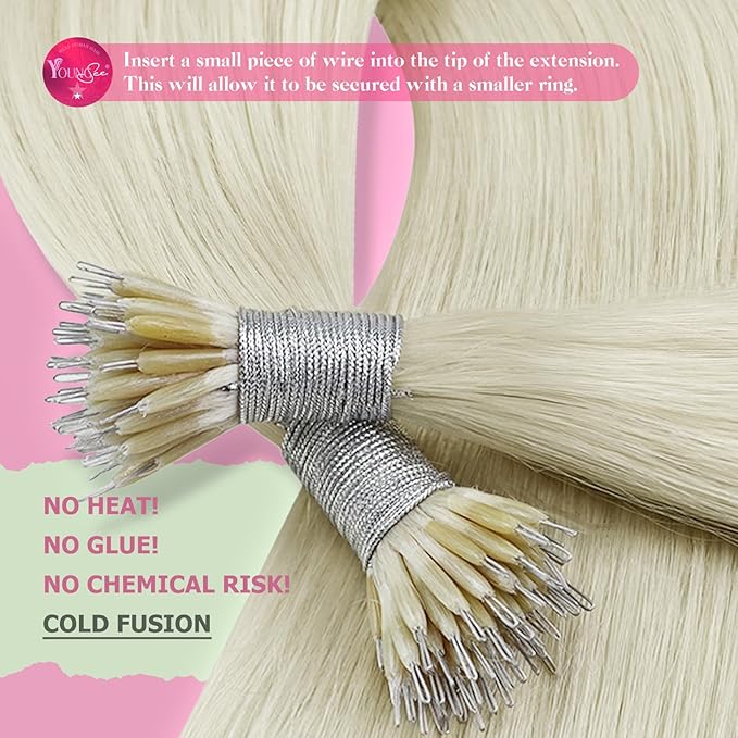 YoungSee 28Inch Nano Ring Hair Extensions Human Hair Platinum Blonde Nano Bead Hair Extensions Human Hair Blonde Nano-Ring Hair Extension Blond Nano-Link Extension Real Hair for Long 50s 50g