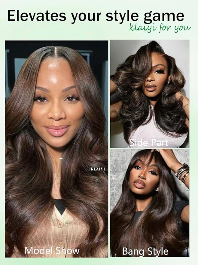 KLAIYI 13x4 Pre Everything Lace Front Chocolate Brown With Highlights Loose Body Wave Wig Human Hair Pre Cut Lace Pre Bleached Bye Bye Knots Pre Plucked Ombre Glueless Wear Go Wig Ready to Wear 18Inch